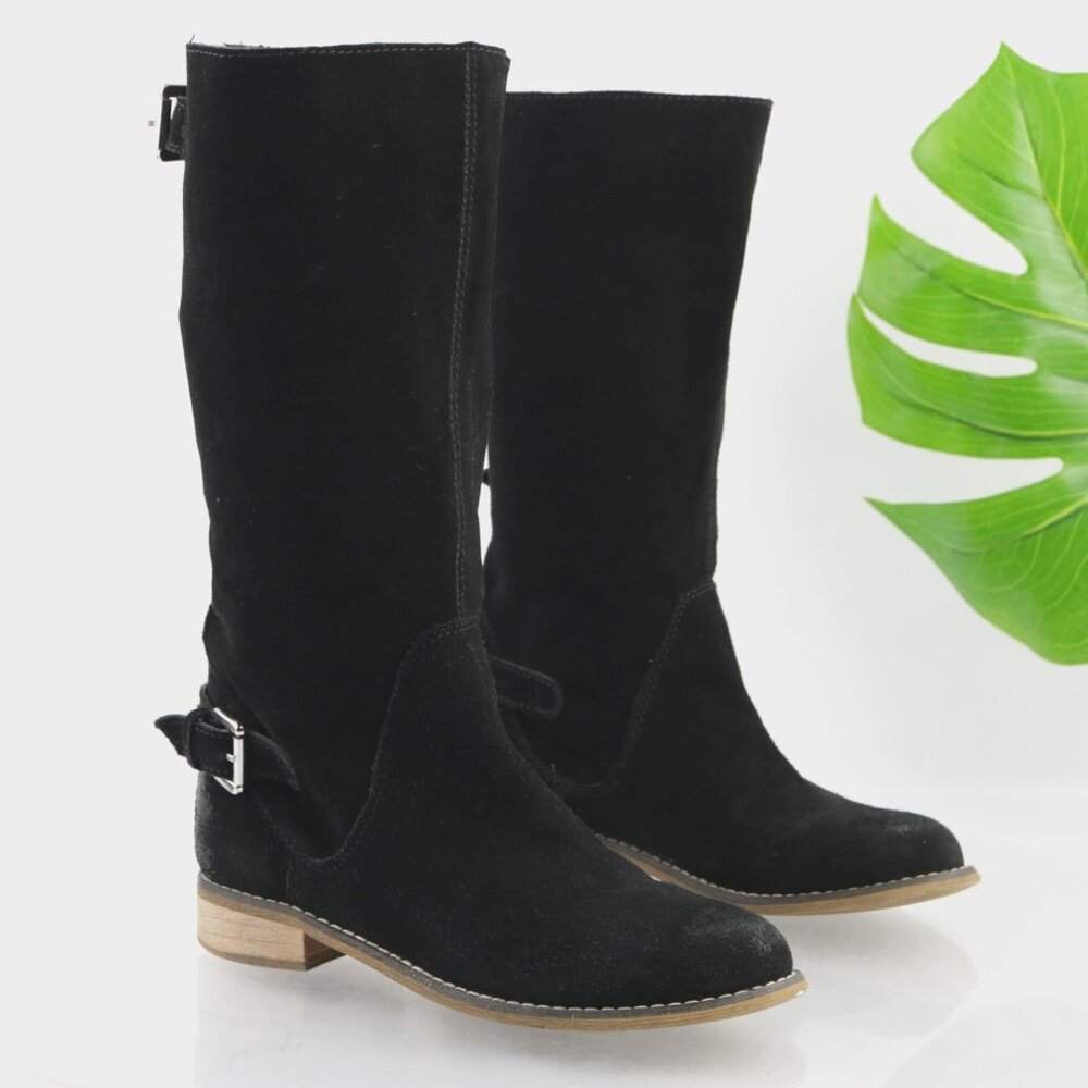 Kelsi Dagger Womens Tassie Boots Size 7.5 Black Suede Slouch Pull On Moto Buckle